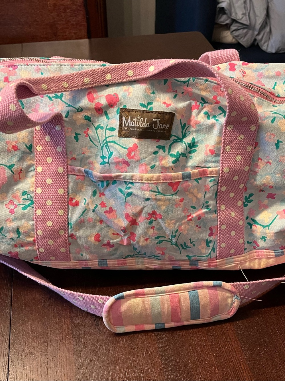Matilda Jane Pastel Pink Floral Travel Duffel with Striped Strap